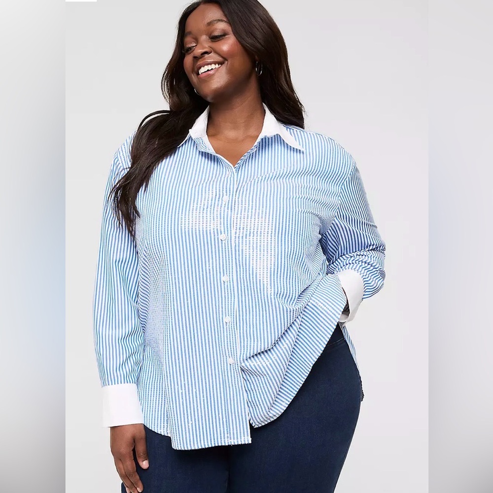 Lane Bryant Navy Striped Dress Shirt with clear sequin front plus 18/20